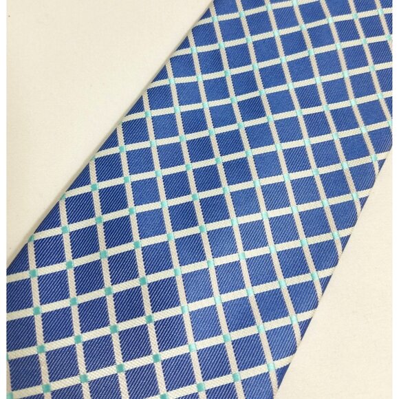 Covington Blue Plaid Mens Necktie Polyester Hand Made Geometric Squares - Picture 2 of 7